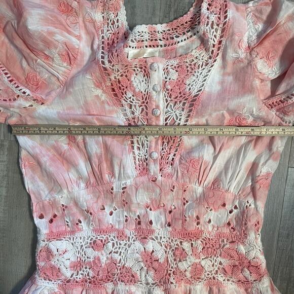 LoveShackFancy Divine Bloom Embroidery Mini Dress  in Pink Tye Dye Size 10 - Picture 4 of 15